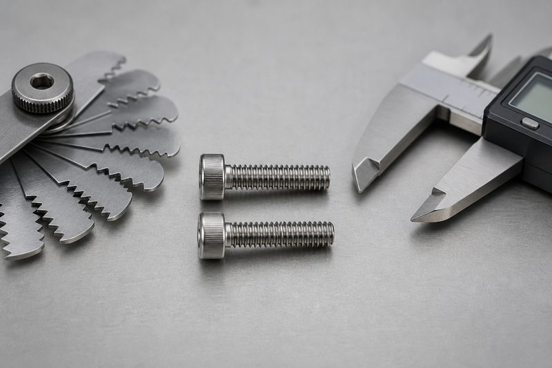 M3 and #4-40 machine screws beside a thread pitch gauge and digital calipers