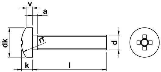 Pan head cross recess screw dimensional schematic, ISO 7045 / DIN 7985
