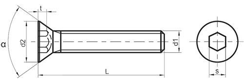 Flat head socket screw dimensional schematic, ISO 10642 / DIN 7991