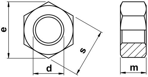 Hex nut dimensional schematic, ISO 4032 / DIN 934