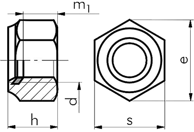 Nylon insert lock nut dimensional schematic, DIN 985 / ISO 10511