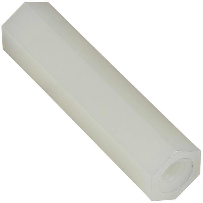 #4-40 Nylon 6/6 Hex Standoff, Female-Female, 10mm — representative product photograph; natural Nylon 6/6 female-female hex PCB standoff