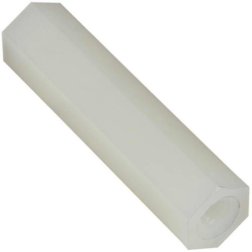#4-40 Nylon 6/6 Hex Standoff, Female-Female, 10mm — representative product photograph; natural Nylon 6/6 female-female hex PCB standoff