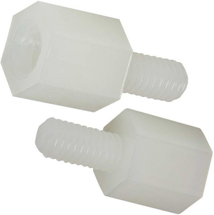 #6-32 Nylon 6/6 Hex Standoff, Male-Female, 10mm — representative product photograph; natural Nylon 6/6 male-female hex PCB standoff