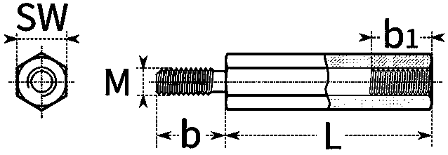 Male-female hex standoff dimensional schematic with thread, body length and across-flats callouts